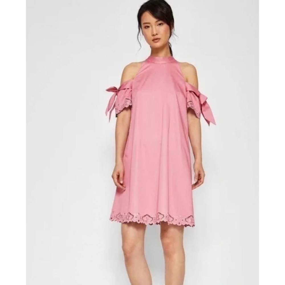 TED BAKER Semarra Cold Shoulder‎ Eyelet Bow Detail Shift Dress Pink Sz 1 US 4